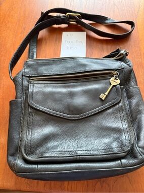 Fossil Black Leather Crossbody with Key Charm
